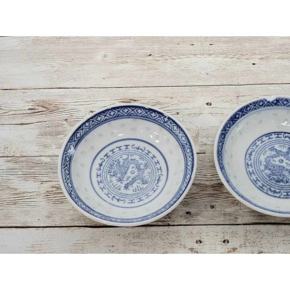 x3 Chinese Rice Grain Small‎ Bowls, Soya Sauce Bowls, Blue and White China